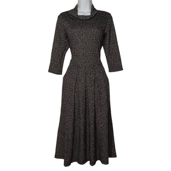 Alembika Dresses & Skirts - ALEMBIKA Gray Marled Multi Print Midi A-Line Gray Black Cowl Modest Dress 2 XS
